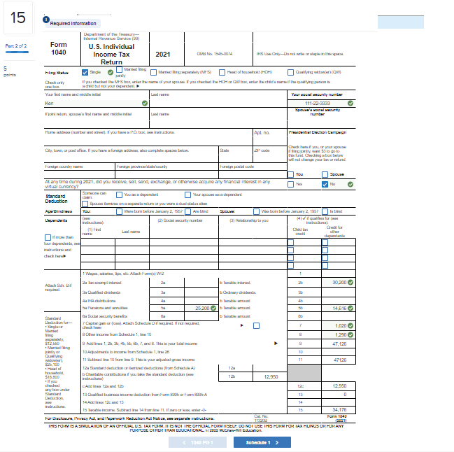  Required Information- here is the 1040 completed 