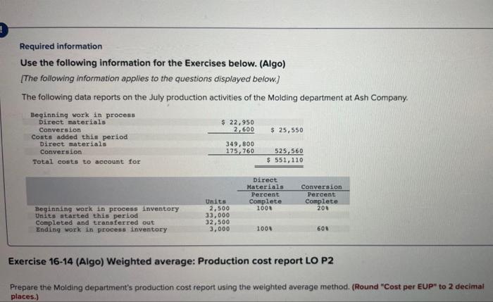  Required information Use the following information for the Exercises below. (Algo)