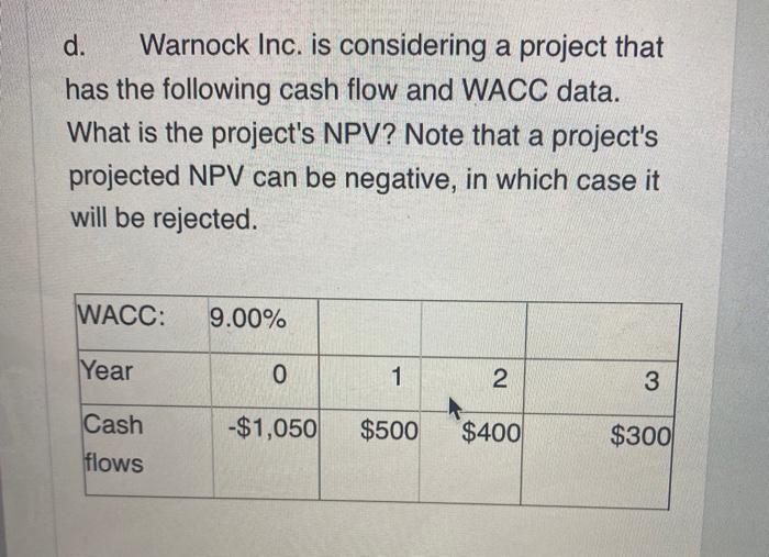  d. Warnock Inc. is considering a project that has the following