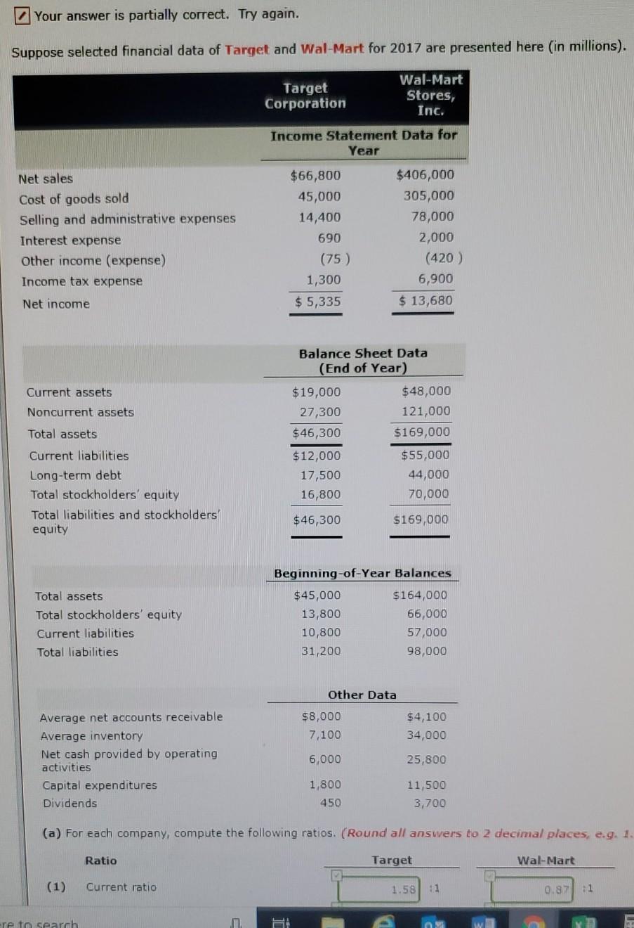 Your answer is partially correct. Try again. Suppose selected financial data