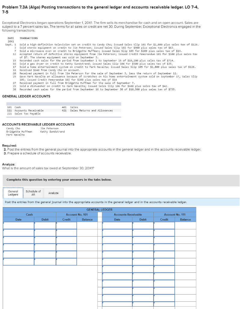 Problem 7.3A (Algo) Posting transactions to the general ledger and accounts