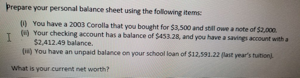  please and thank you. Prepare your personal balance sheet using the