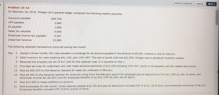  PRINTER VERSION HACK NEXT Problem 10-1A On February 28, 2018, Molega