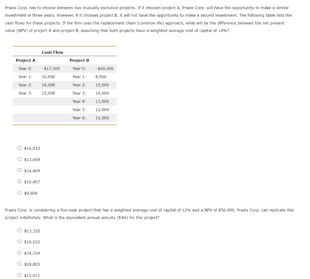  Praxis Corp. has to choose between two mutually exclusive projects. If