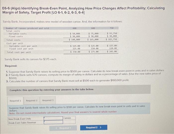  E6-6 (Algo) Identifying Break-Even Point, Analyzing How Price Changes Affect Profitability;