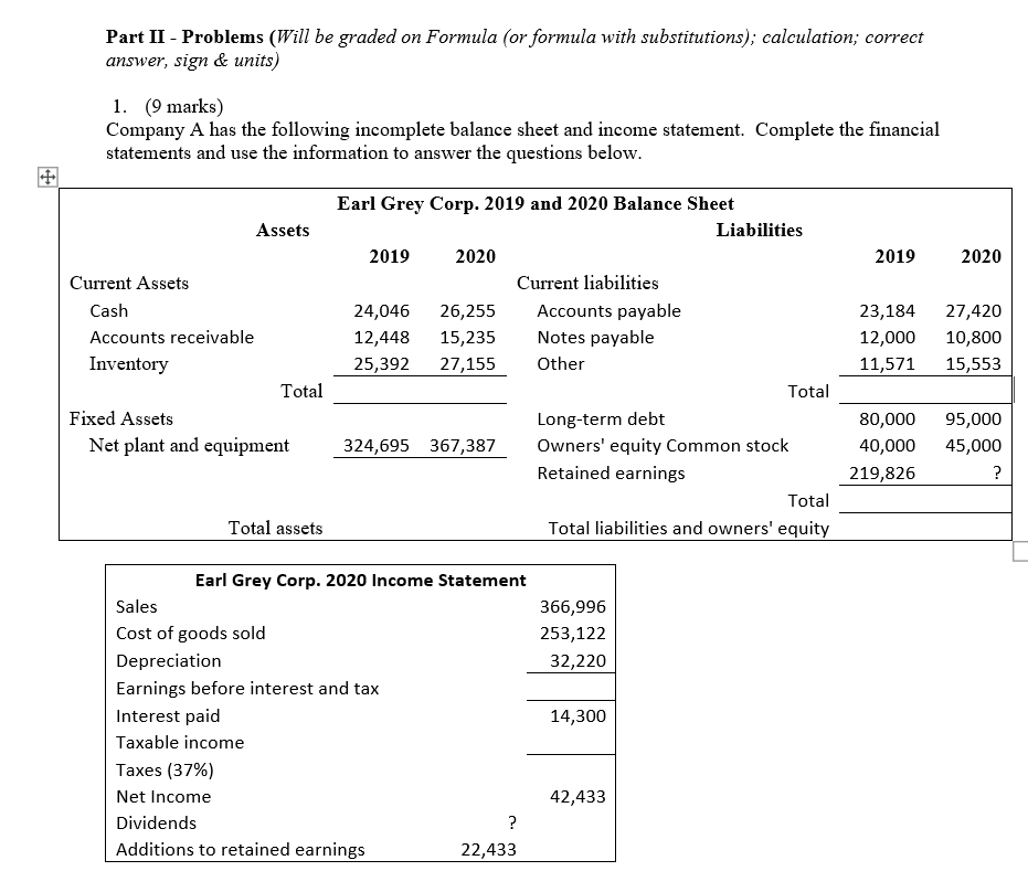 Part II - Problems (Will be graded on Formula (or formula