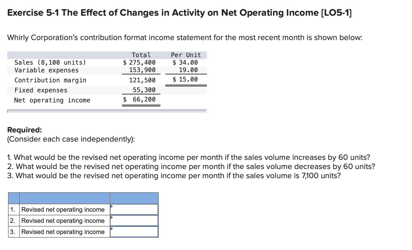  Exercise 5-1 The Effect of Changes in Activity on Net Operating