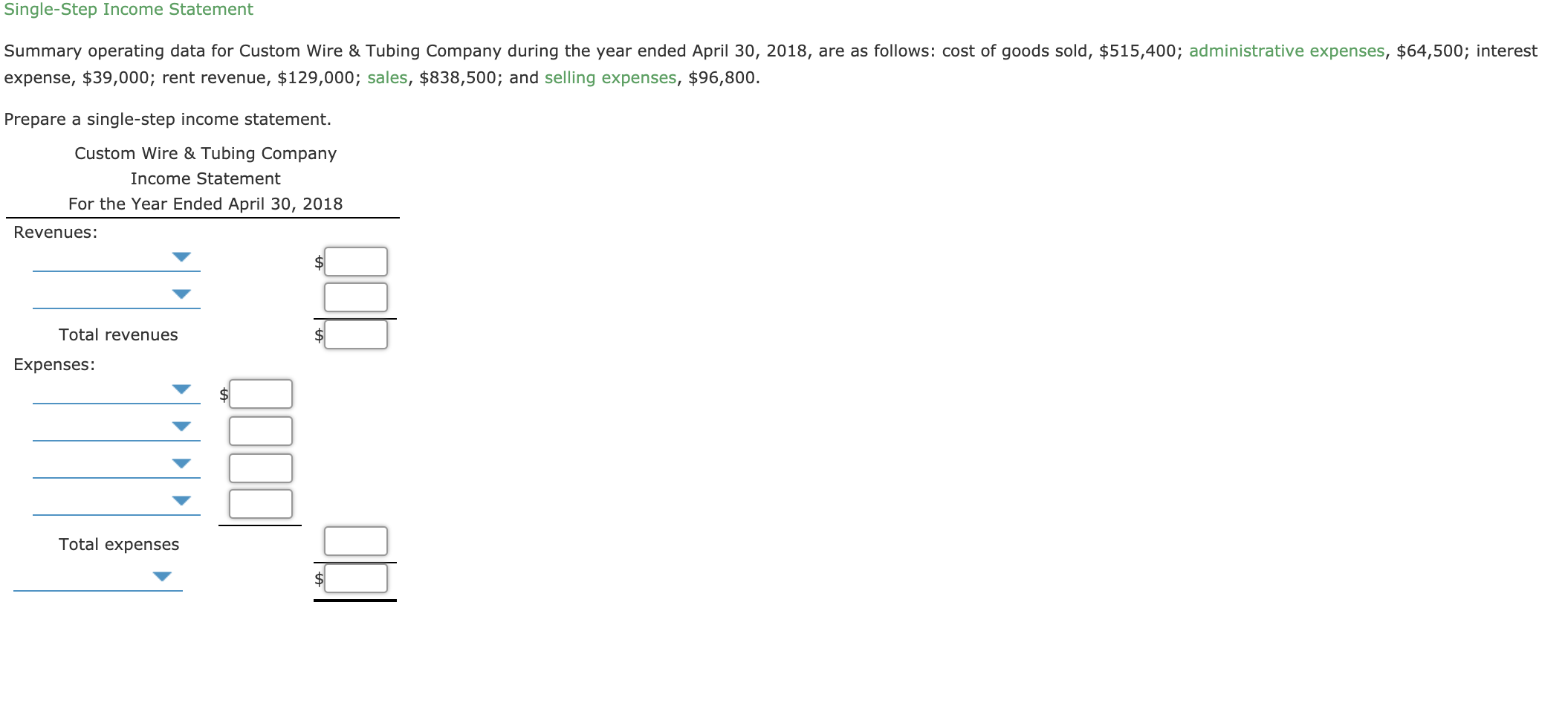  Single-Step Income Statement Summary operating data for Custom Wire & Tubing