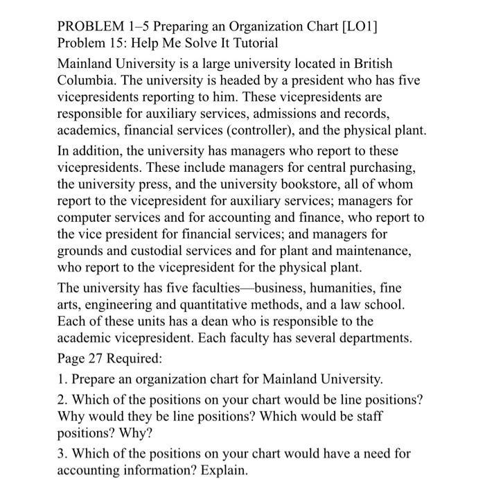  PROBLEM 1-5 Preparing an Organization Chart [LO1] Problem 15: Help Me