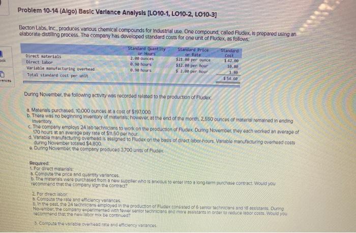  Problem 10-14 (Algo) Basic Varlance Analysis (LO10-1, L010-2, L010-3] Becton Labs,
