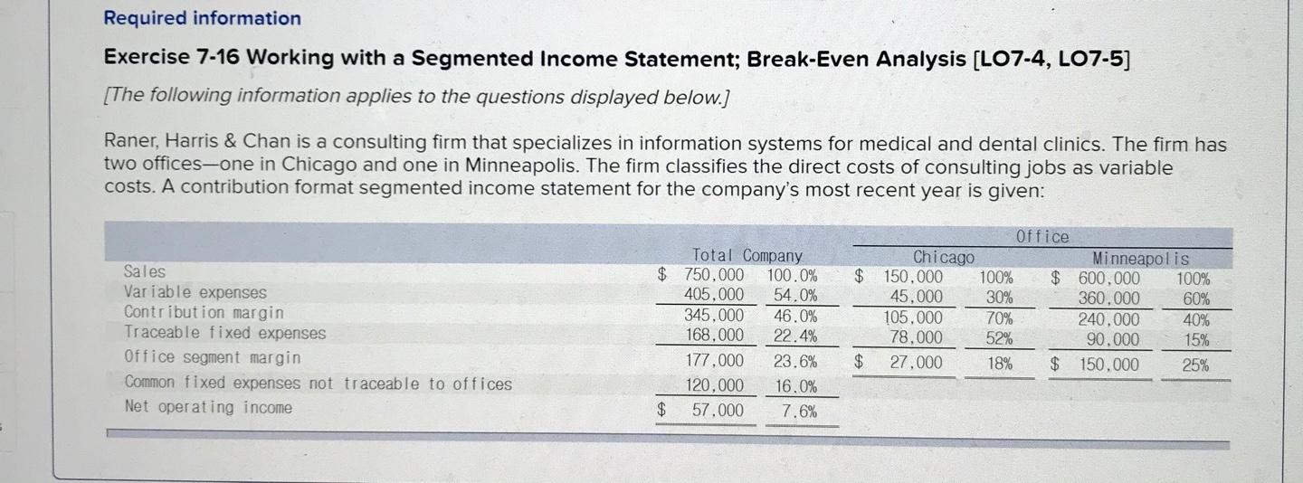  Required information Exercise 7-16 Working with a Segmented Income Statement; Break-Even