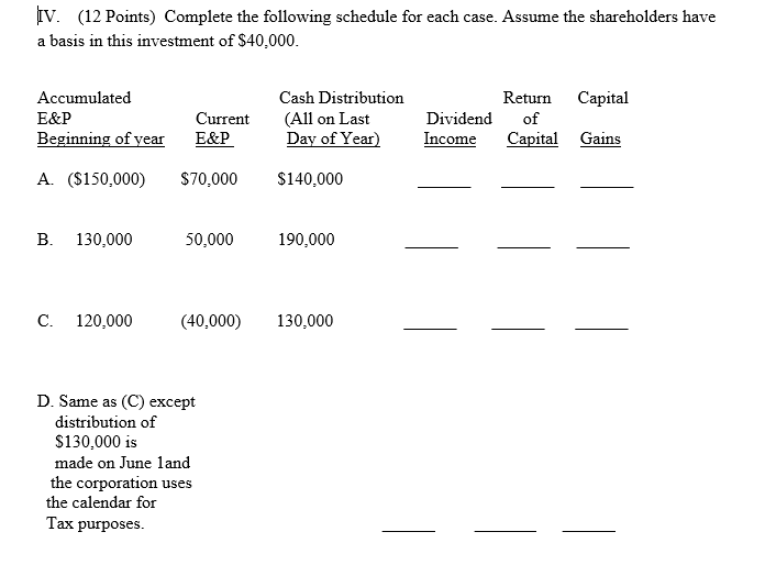  IV. (12 Points) Complete the following schedule for each case. Assume