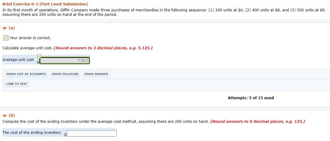  Brief Exercise 6-3 (Part Level Submission) In its first month of