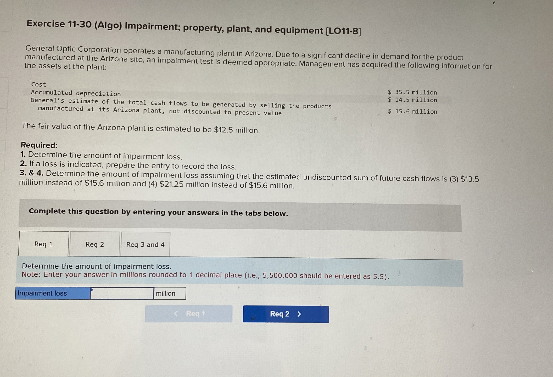  Exercise 11-30(Algo) Impairment; property, plant, and equipment [LO11-8] General Optic Corporation