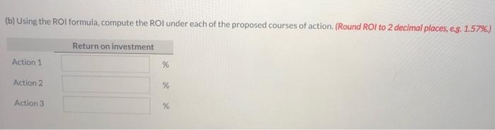the proposed courses of action (Round ROI to 2 decimal places, eg.