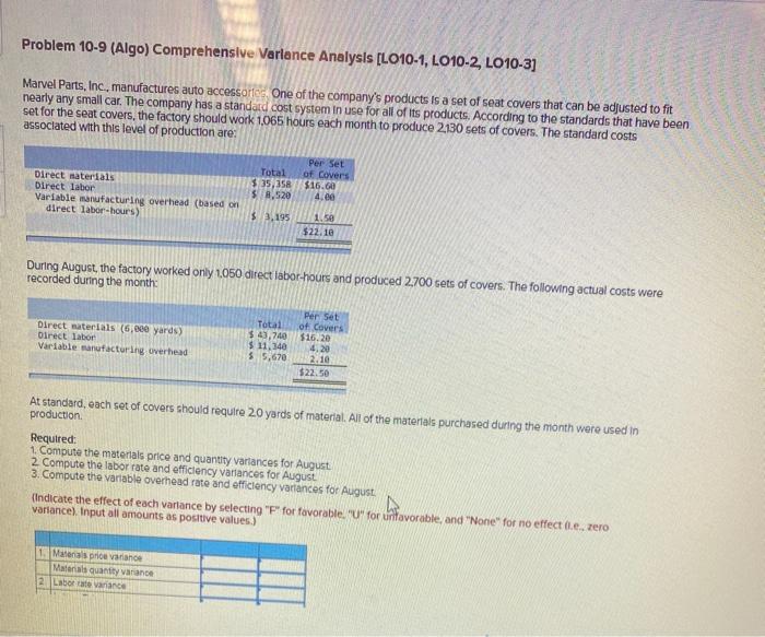  Problem 10-9 (Algo) Comprehensive Variance Analysis [LO10-1, LO10-2, LO10-3] Marvel Parts,