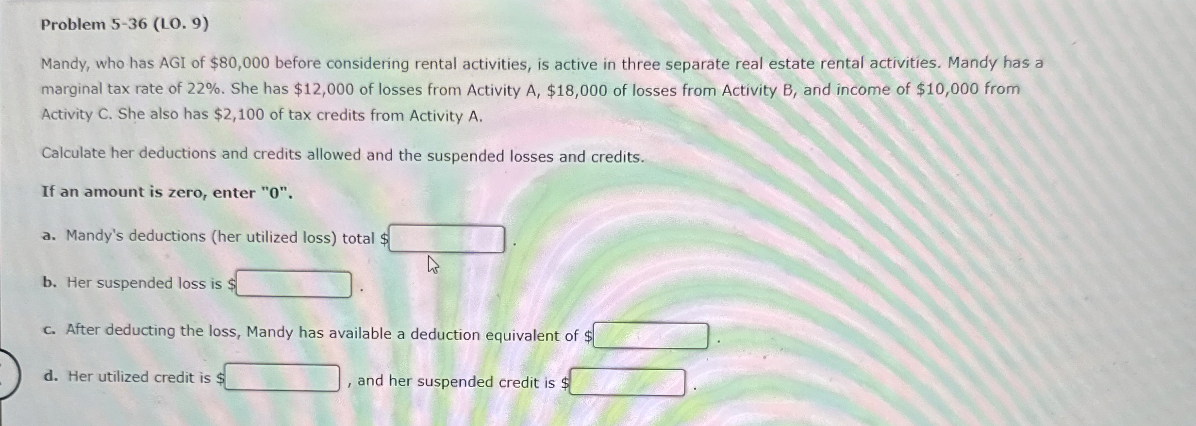  Problem 5-36(LO.9) Mandy, who has AGI of $80,000 before considering rental