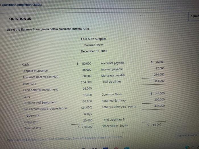  Question Completion Status 1 poln QUESTION 35 Using the Balance Sheet
