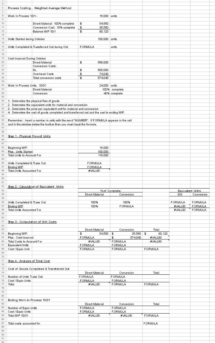  5 6 Process Costing. Weighted Average Method 7 8 Work In