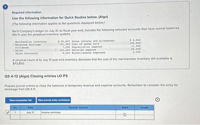  Required information Use the following information for Quick Studies below. (Algo)