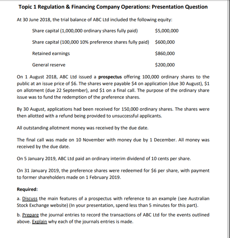  Topic 1 Regulation & Financing Company Operations: Presentation Question At 30
