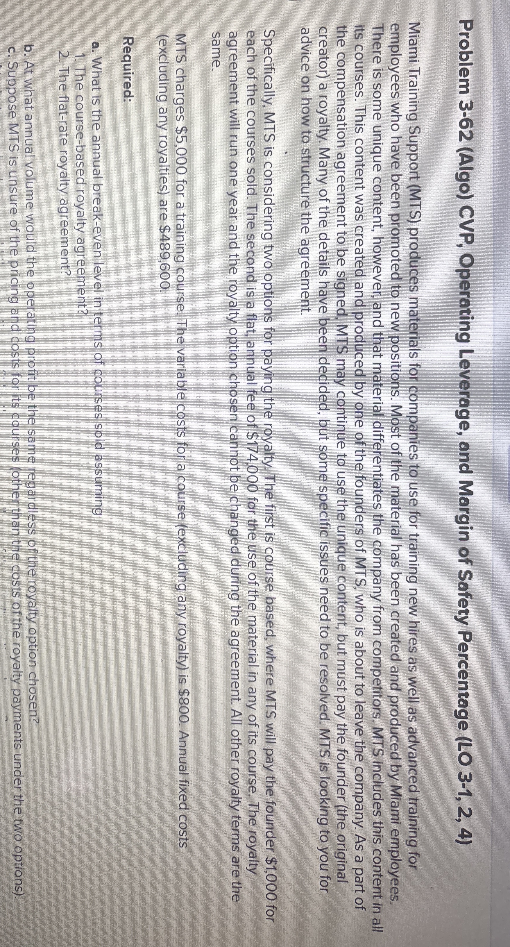  Problem 3-62(Algo) CVP, Operating Leverage, and Margin of Safety Percentage (LO
