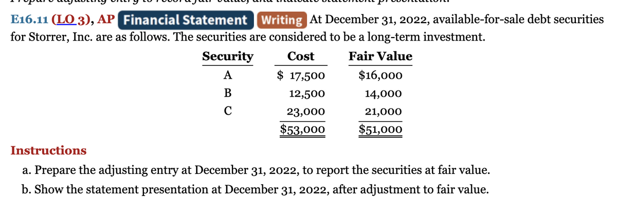  E16.11(LO 3), AP Financial Statement Writing At December 31,2022, available-for-sale debt