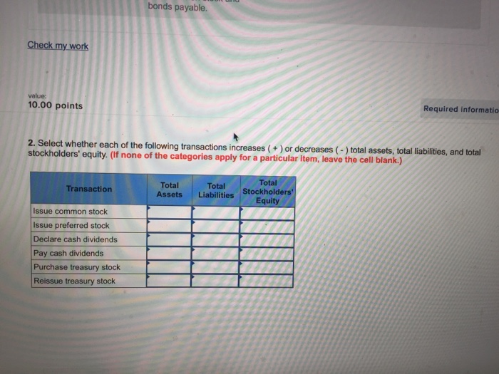  bonds payable. Check my work value: 10.00 points Required informatico total