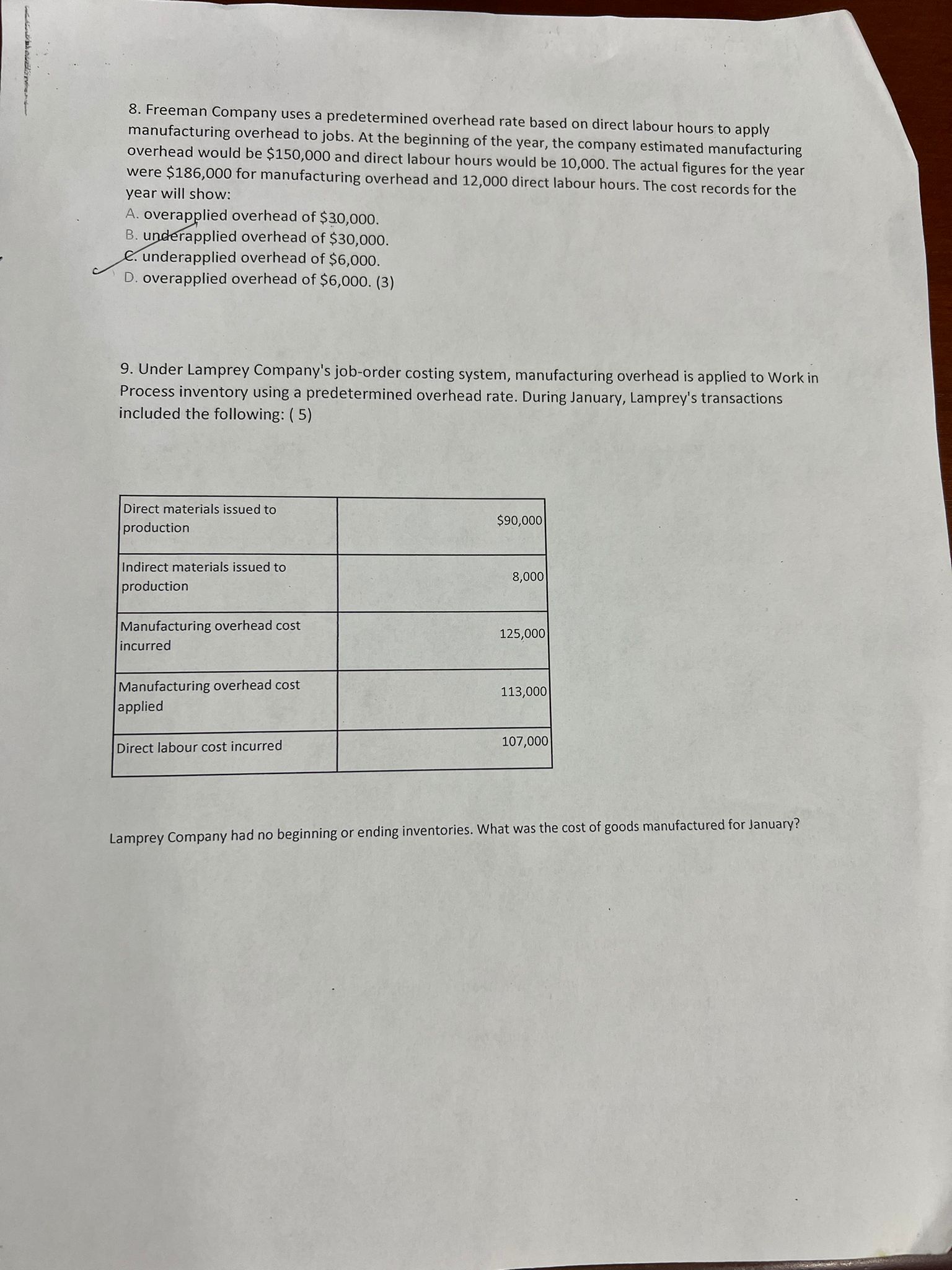  8. Freeman Company uses a predetermined overhead rate based on direct