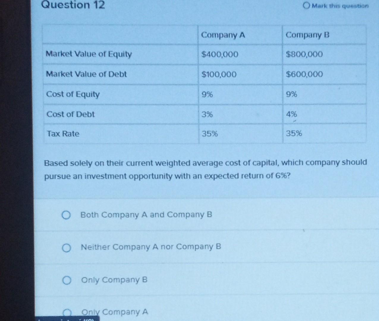  Question 12 Matk this question Based solely on their current weighted