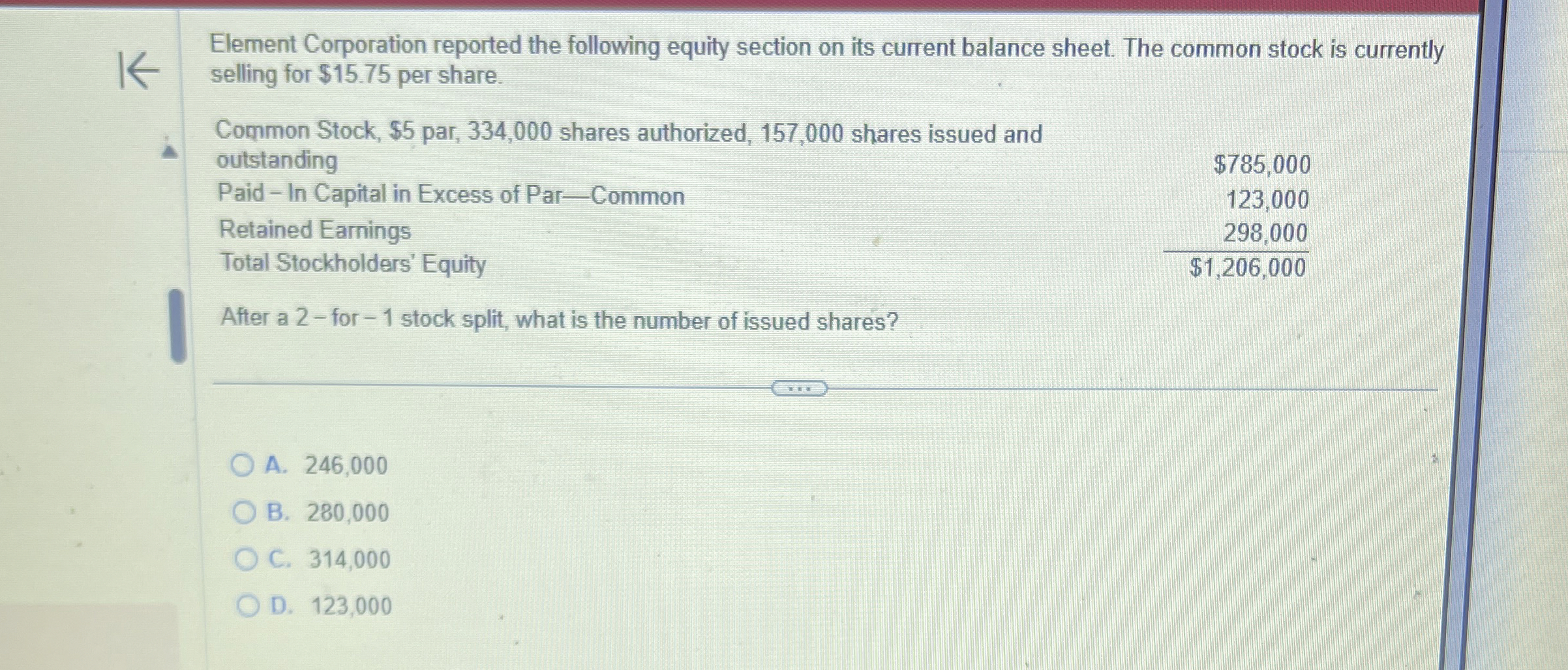  Element Corporation reported the following equity section on its current balance