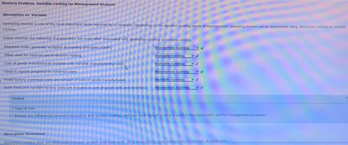  help needed Mastery Problem: Variable Casting for Management Analysis Absorption vs.