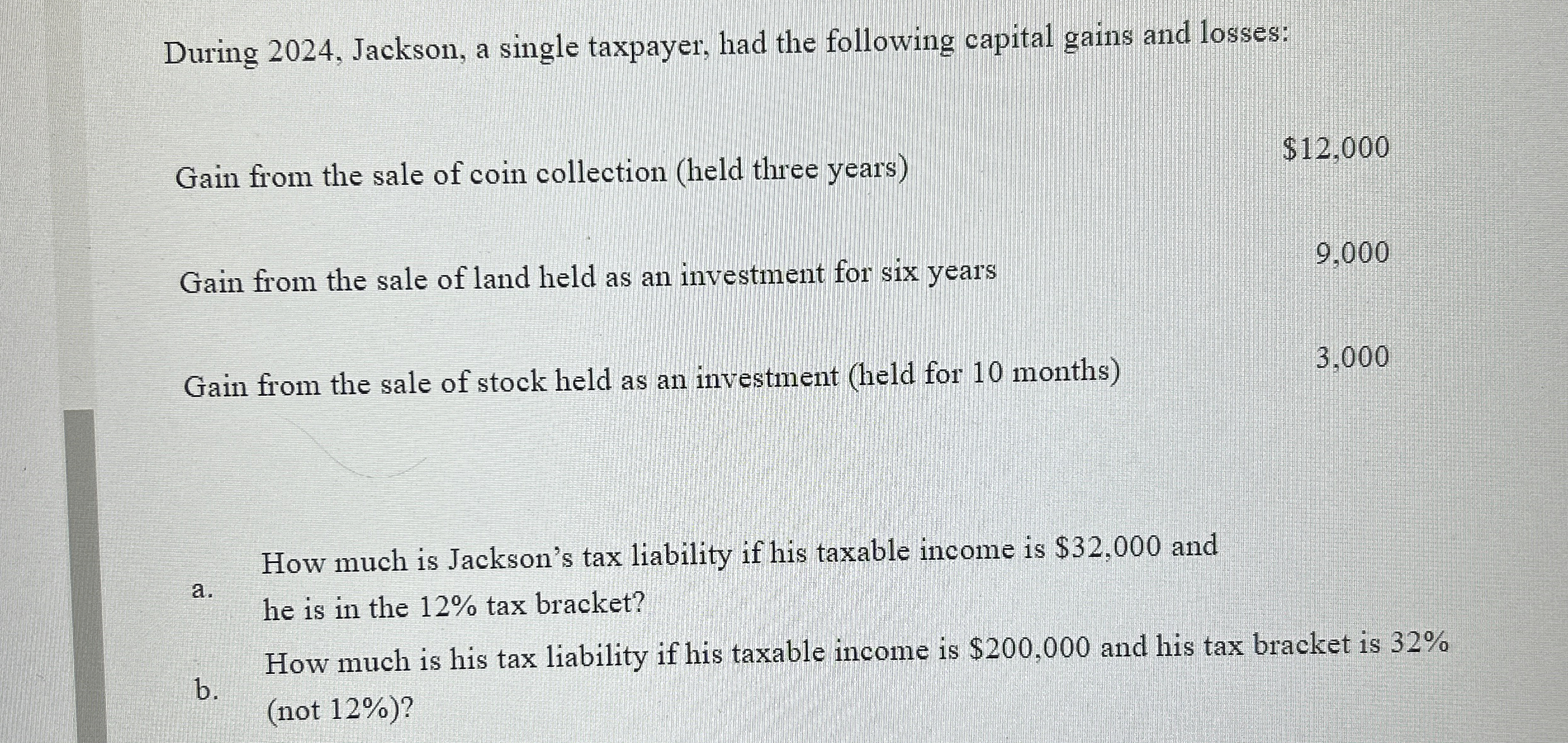 During 2024, Jackson, a single taxpayer, had the following capital gains