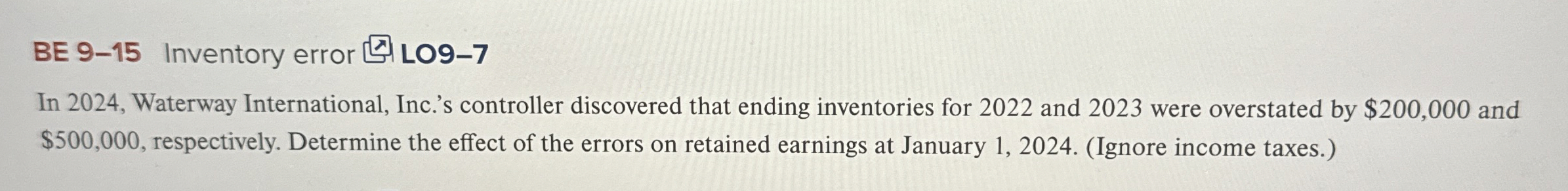  BE 9-15 Inventory error LO9-7 In 2024, Waterway International, Inc.'s controller