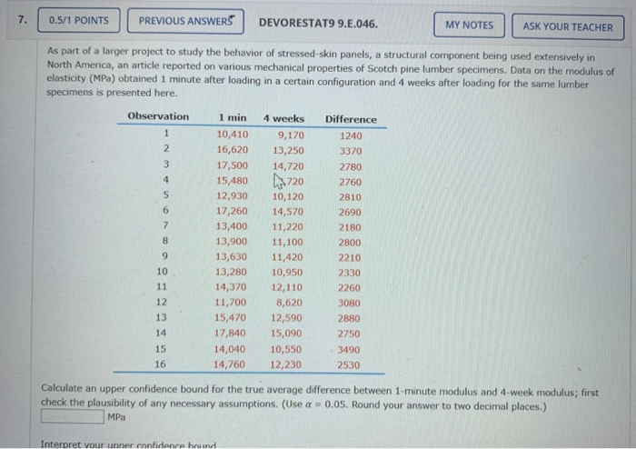  0.5/1 POINTS PREVIOUS ANSWERS DEVORESTAT9 9.E.046. MY NOTES ASK YOUR TEACHER