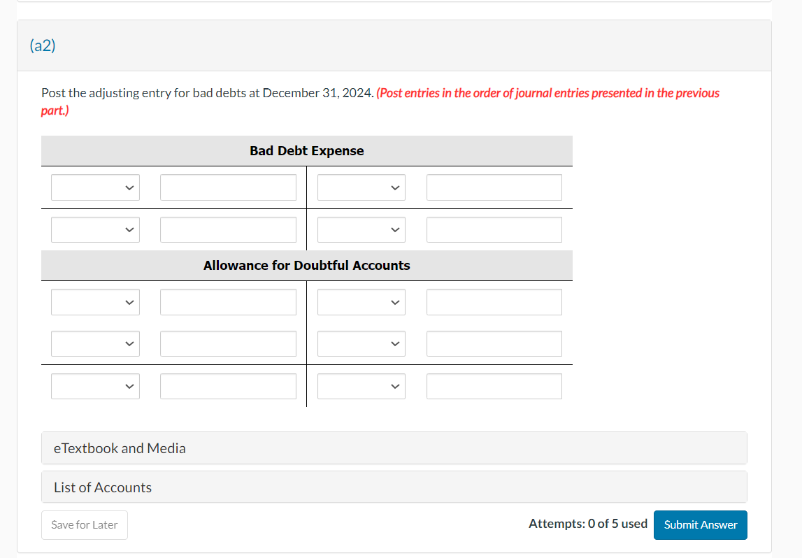 Post the adjusting entry for bad debts at December 31, 2024.