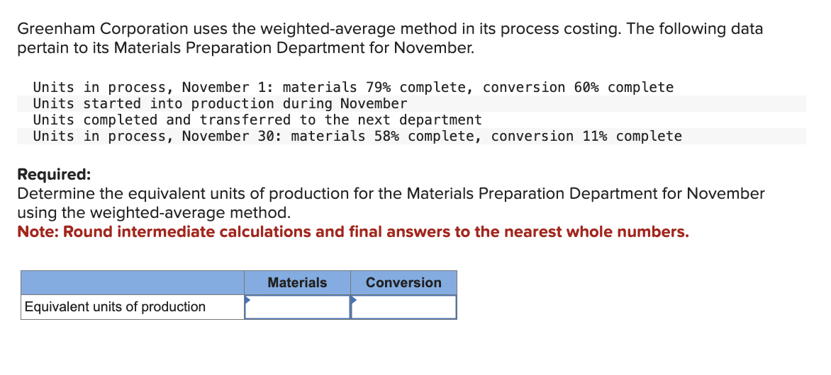  Greenham Corporation uses the weighted-average method in its process costing. The