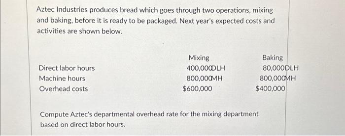  Aztec Industries produces bread which goes through two operations, mixing and