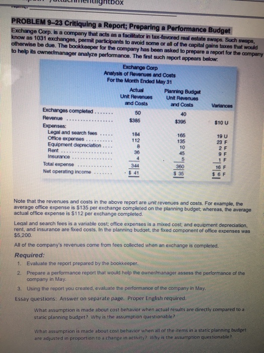  oceightboX PROBLEM 9-23 Critiquing a Report; Preparing a Performance Budget Exchange