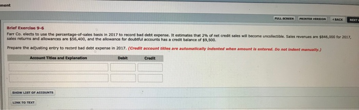  ment OLL SCREEN PRINTERVERSON BACK NECT Brief Exercise 9-6 Farr Co.