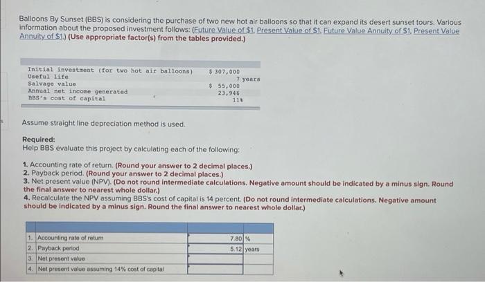 Please give explanations/equations! Balloons By Sunset (BBS) is considering the purchase of