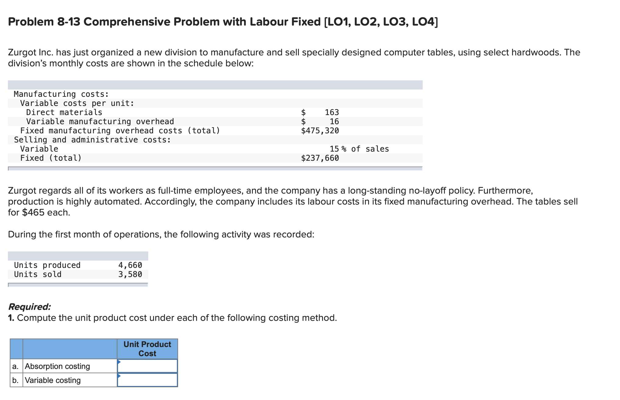  Problem 8-13 Comprehensive Problem with Labour Fixed [LO1, LO2, LO3, LO4]