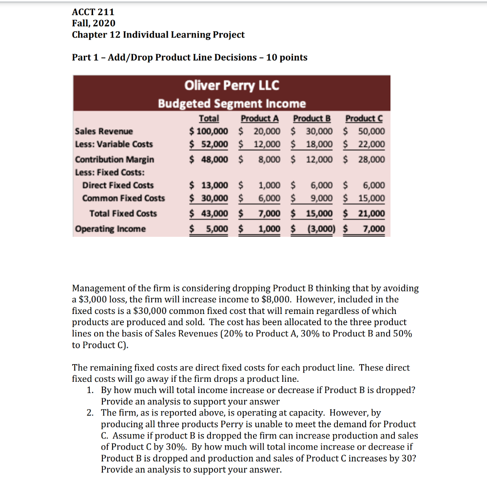 ACCT 211 Fall, 2020 Chapter 12 Individual Learning Project Part 1