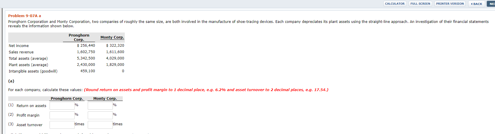 CALCULATOR FULL SCREEN PRINTER VERSION A BACK NE Problem 9-07A a