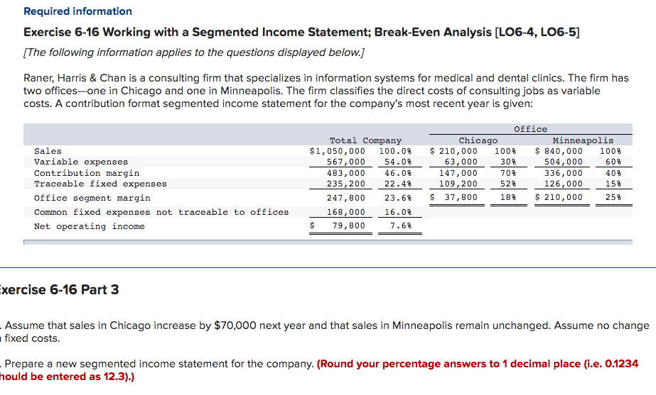 Required information Exercise 6-16 Working with a Segmented Income Statement; Break-Even