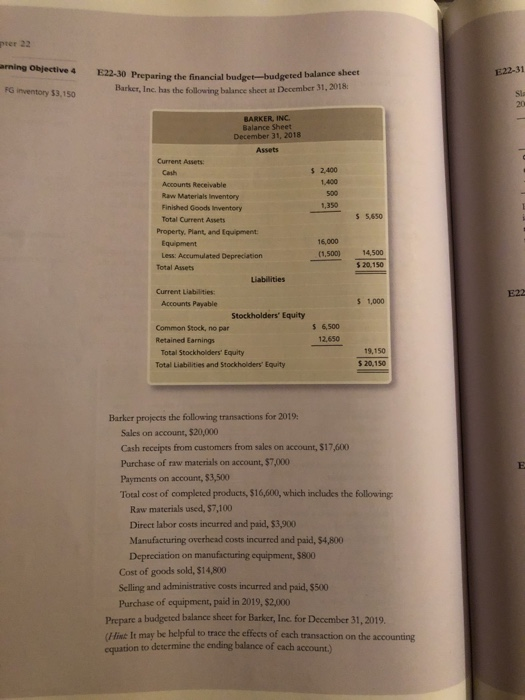  pter 22 arning Objective E2-30 Preparing t FG inventory $3,15o Bake,