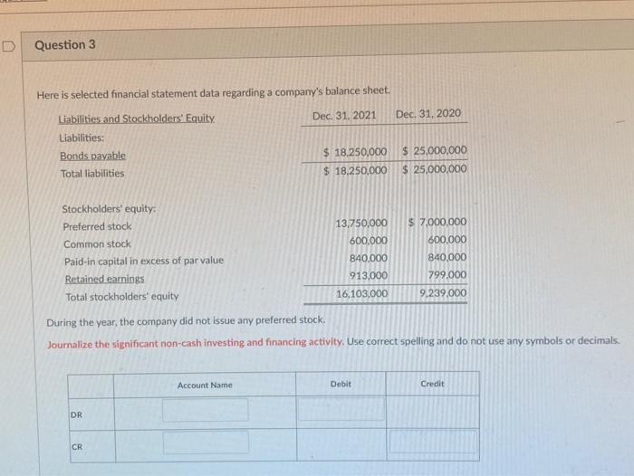  D Question 3 Here is selected financial statement data regarding a