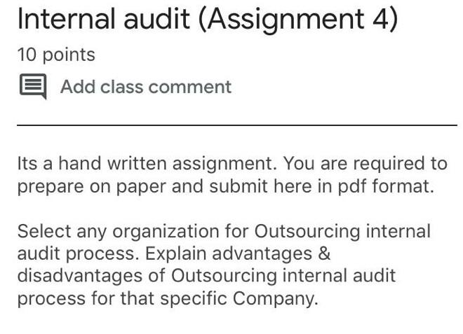  Internal audit (Assignment 4) 10 points E Add class comment Its
