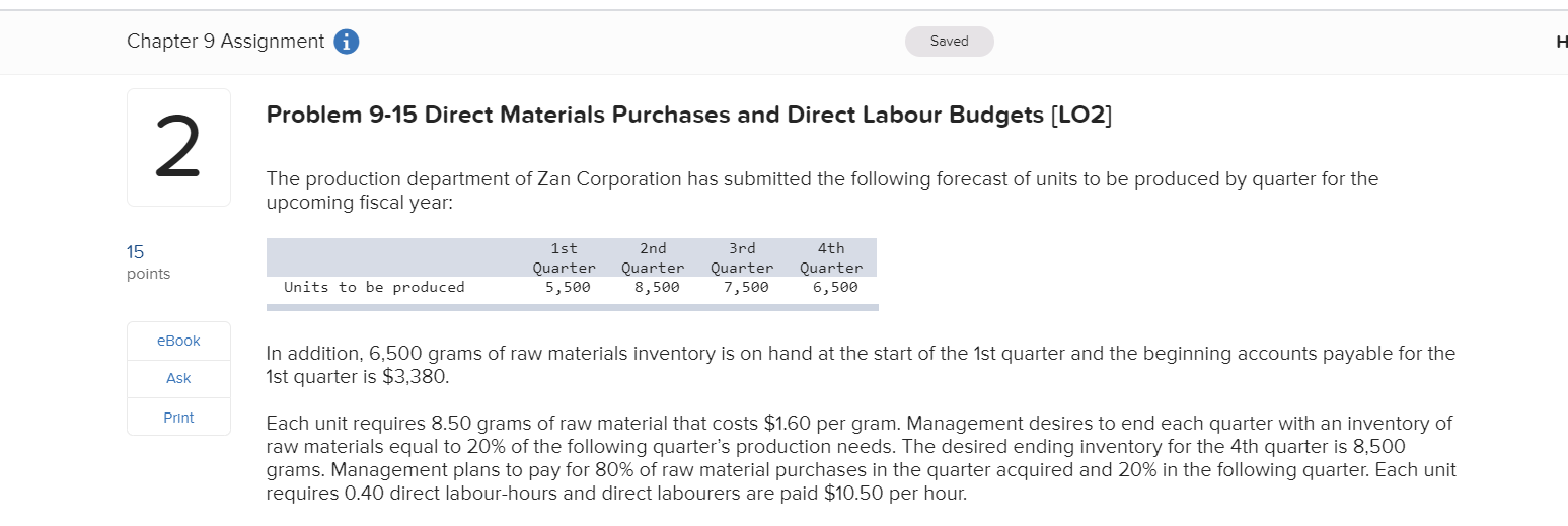  Chapter 9 Assignment A Saved Problem 9-15 Direct Materials Purchases and