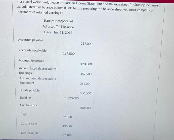 help with this question In an excel worksheet, please prepare an Income